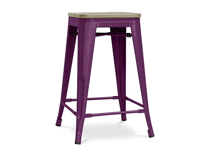 Tabouret industriel acier brillant et assise en bois massif naturel Reko 60cm-Couleur Violet