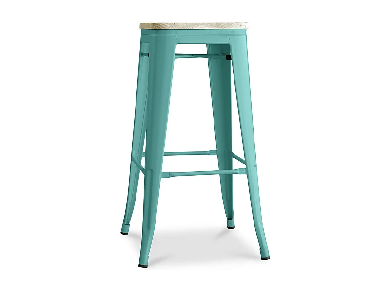 Tabouret haut industriel acier brillant et assise en bois massif naturel Reko 76cm-Couleur Bleu canard