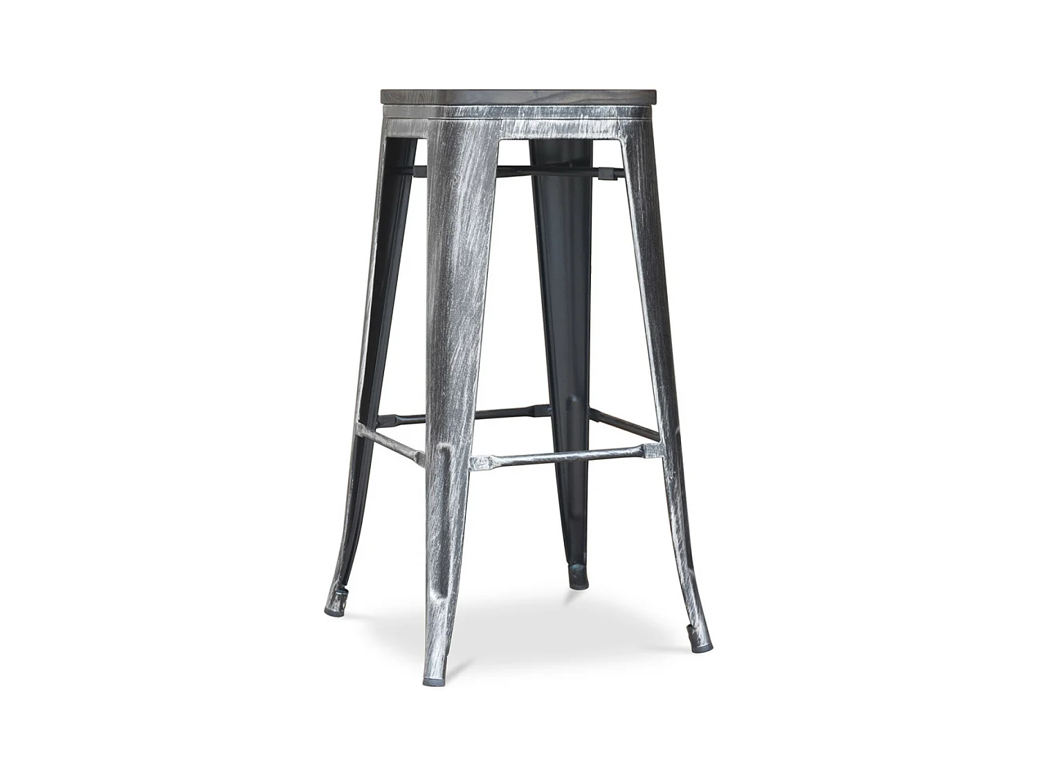 Hoge vintage verouderde stalen kruk en bruine massief houten zitting Reko 76 cm