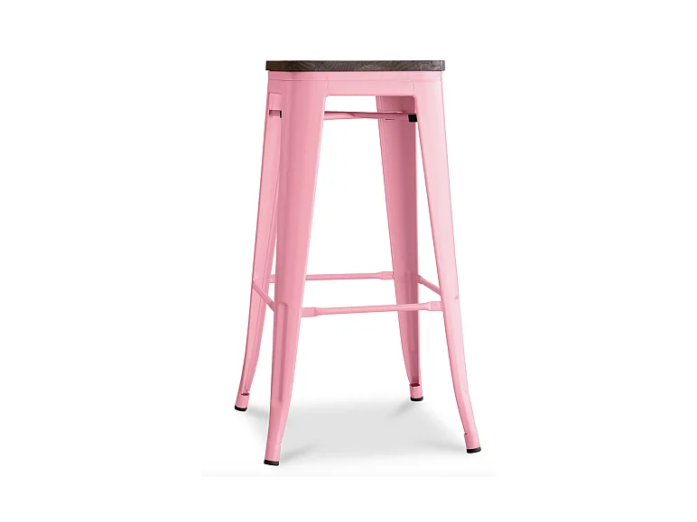 Tabouret haut industriel acier brillant et assise en bois massif marron Reko 76cm-Couleur Rose