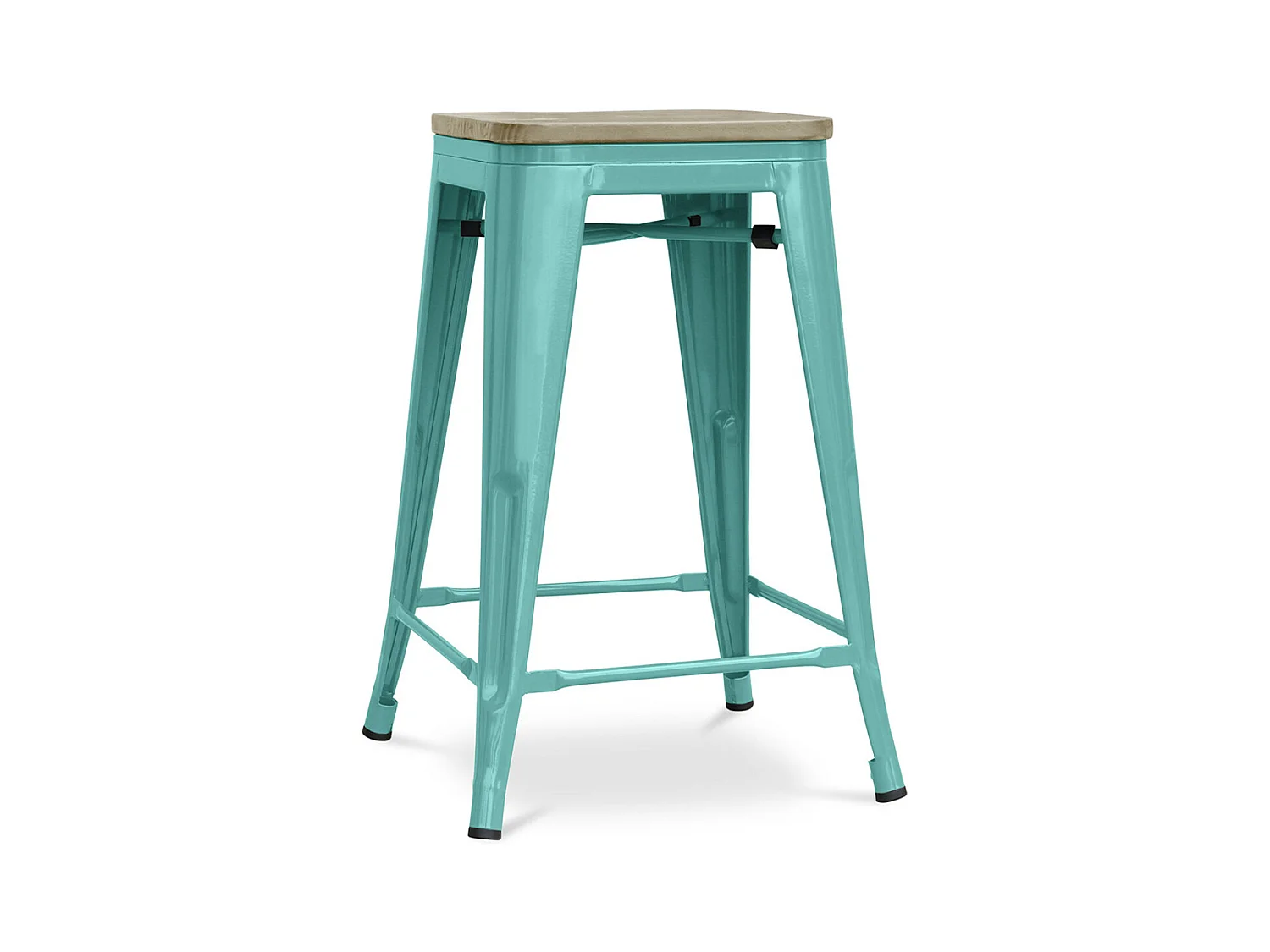 Tabouret industriel acier brillant et assise en bois massif naturel Reko 60cm-Couleur Bleu canard