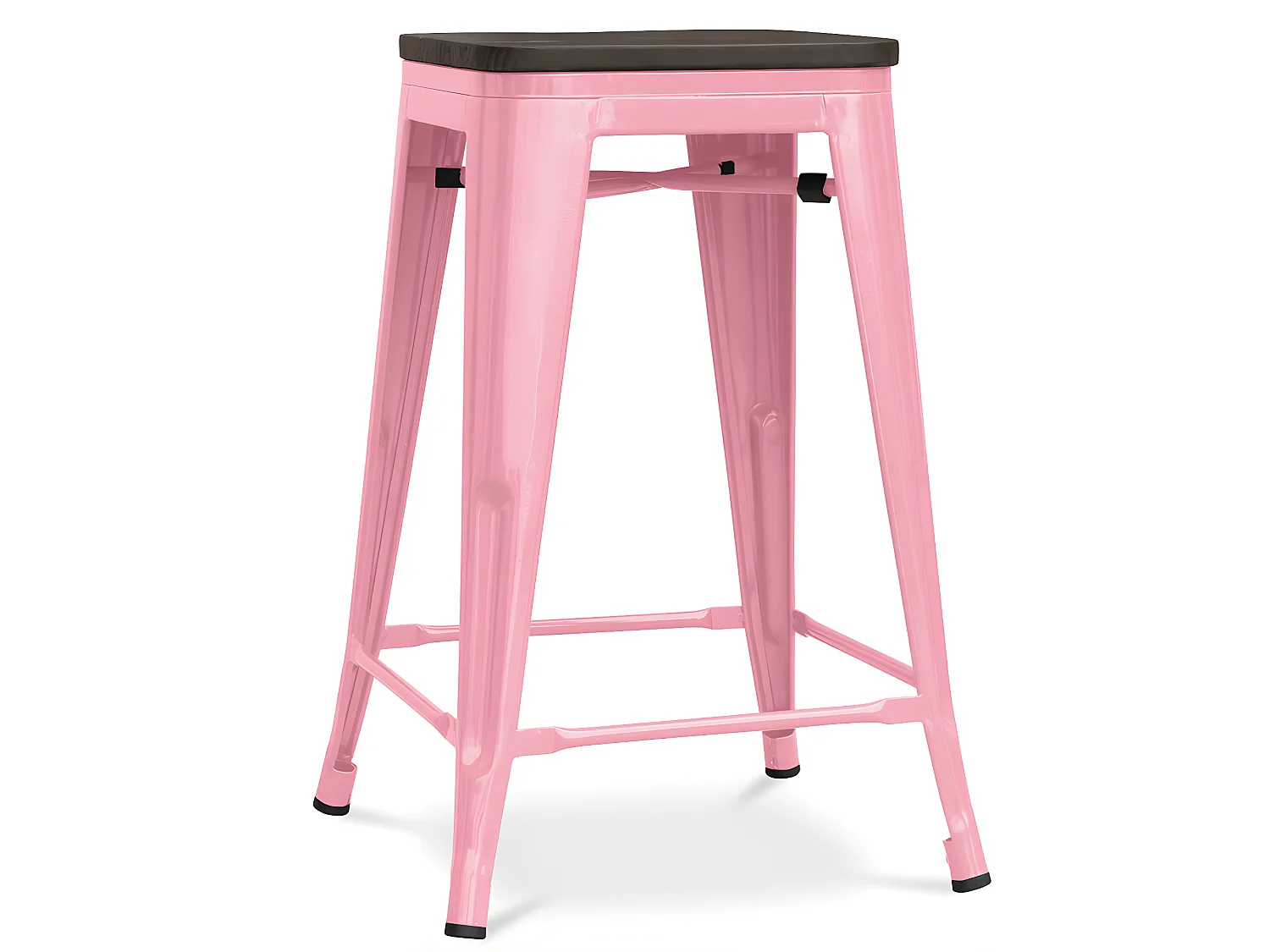 Tabouret industriel acier brillant et assise en bois massif marron Reko 60cm-Couleur Rose