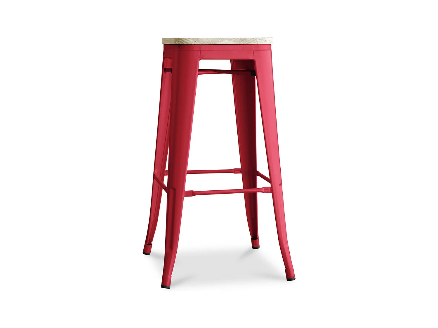 Tabouret haut industriel acier brillant et assise en bois massif naturel Reko 76cm-Couleur Rouge