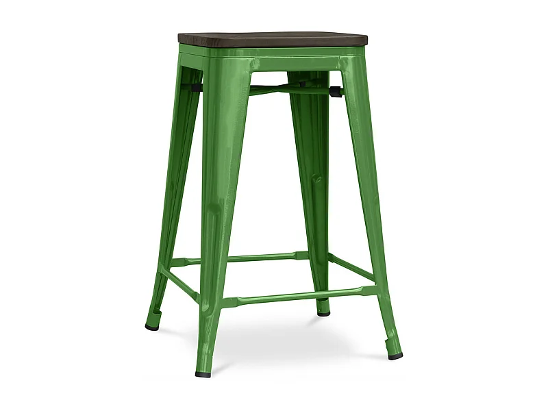 Tabouret industriel acier brillant et assise en bois massif marron Reko 60cm-Couleur Vert