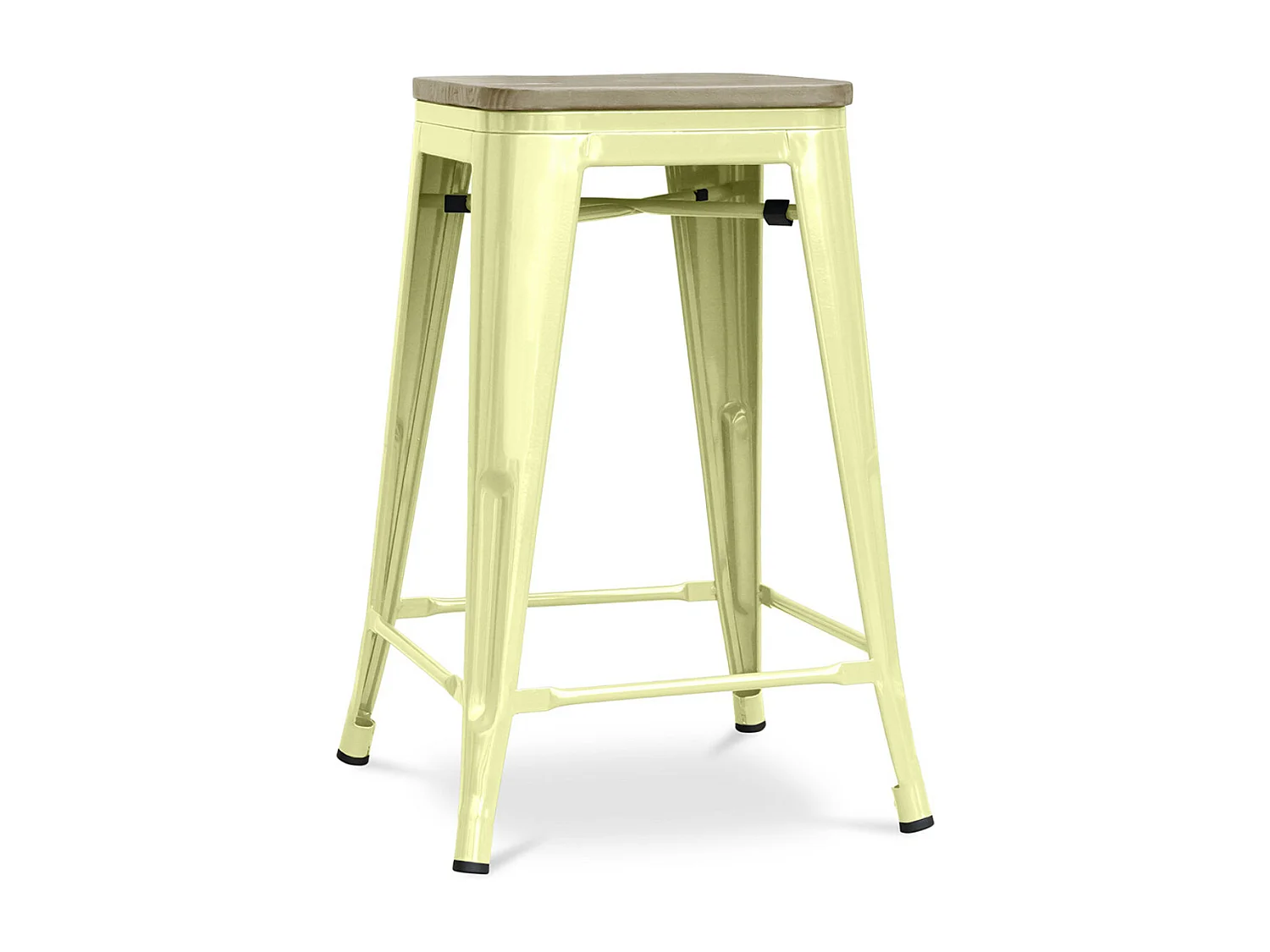 Tabouret industriel acier brillant et assise en bois massif naturel Reko 60cm-Couleur Jaune pastel