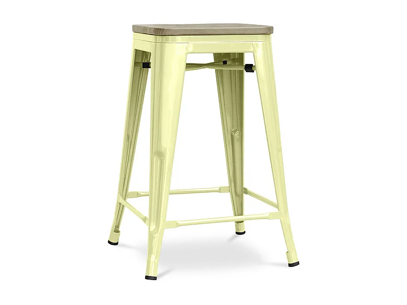 Tabouret industriel acier brillant et assise en bois massif naturel Reko 60cm-Couleur Jaune pastel