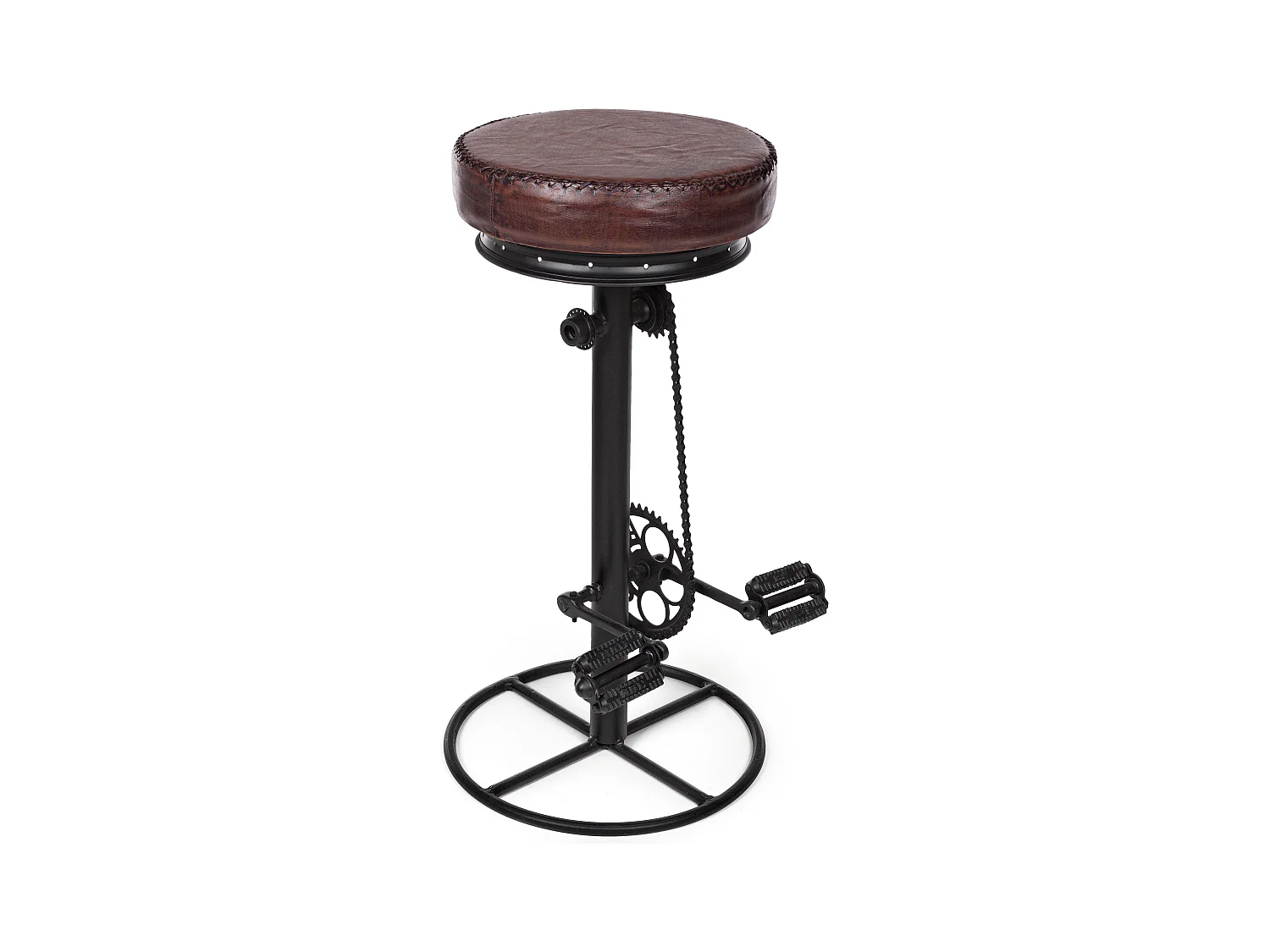 Tabouret de bar industriel bicyclette acier noir et cuir marron Alane