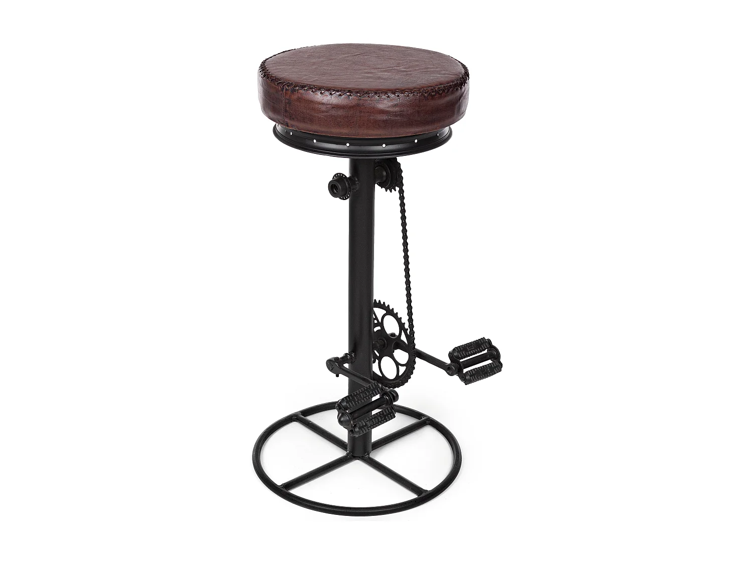 Tabouret de bar industriel bicyclette acier noir et cuir marron Alane