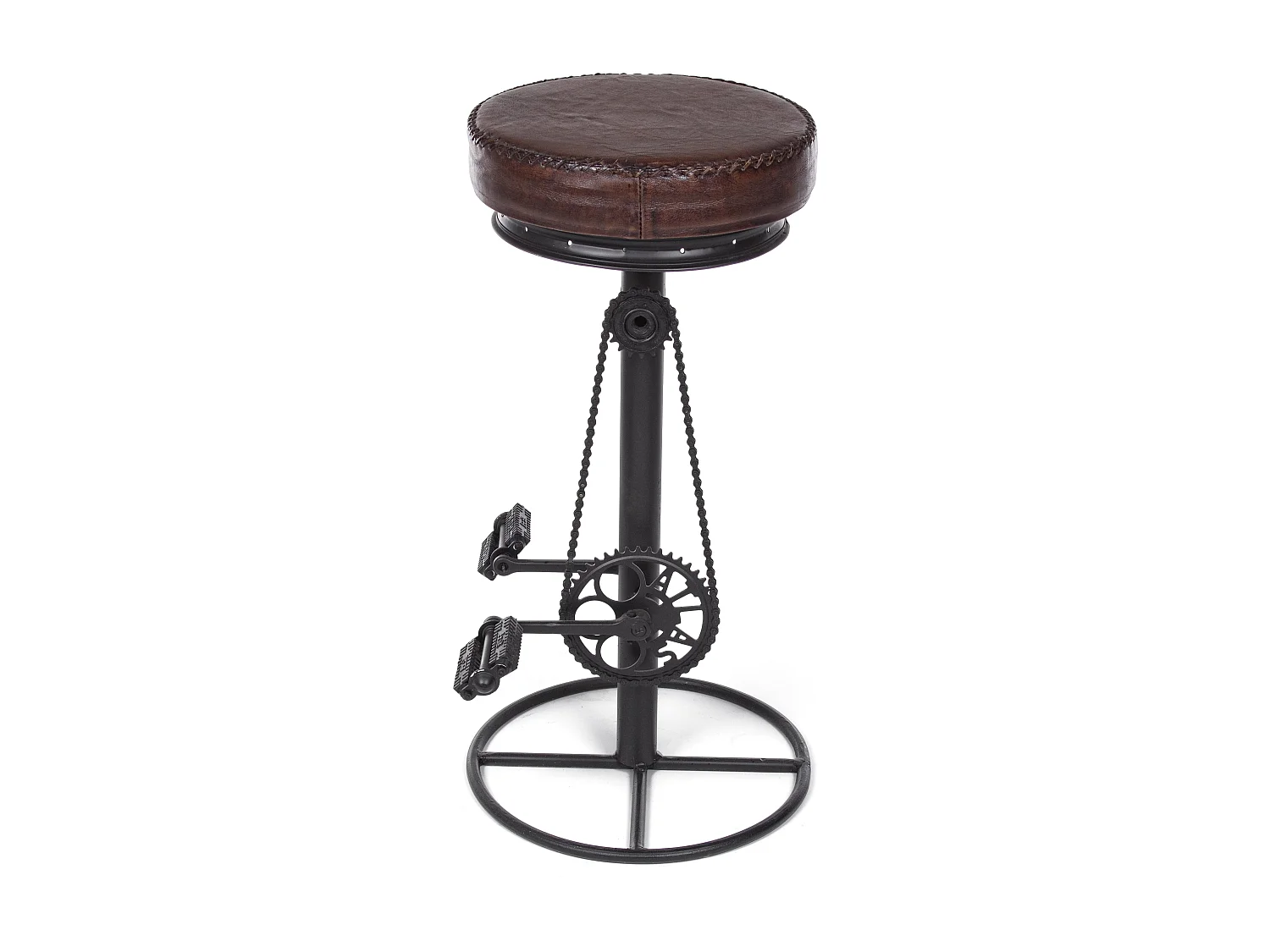 Tabouret de bar industriel bicyclette acier noir et cuir marron Alane