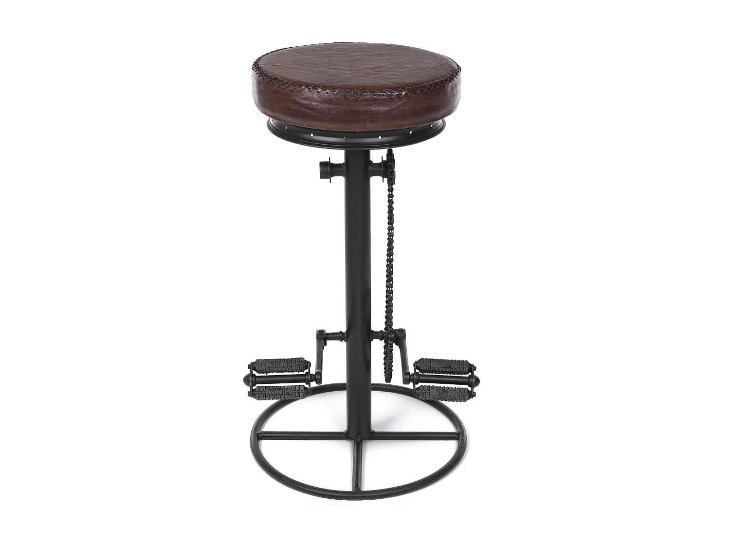 Tabouret de bar industriel bicyclette acier noir et cuir marron Alane