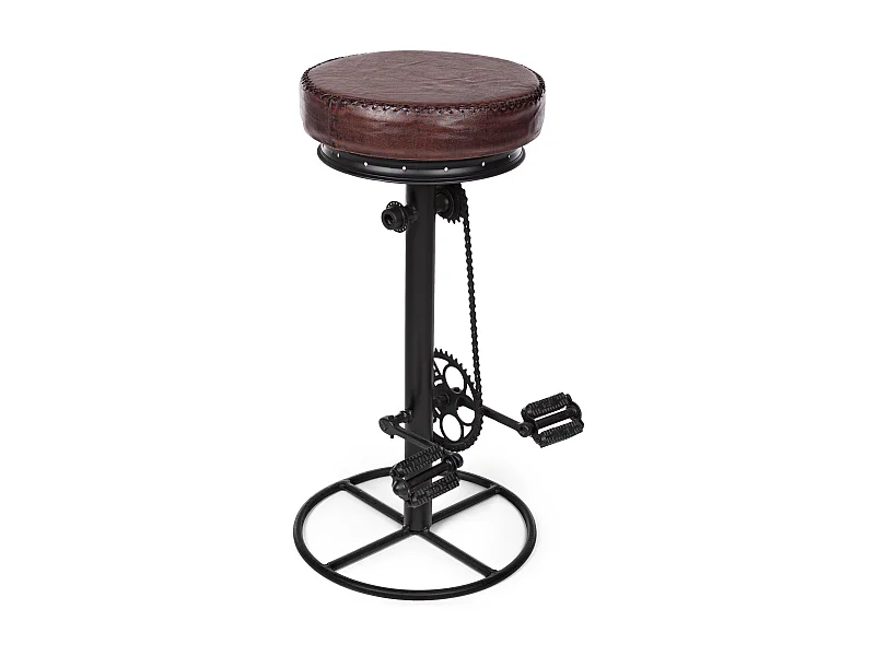 Tabouret de bar industriel bicyclette acier noir et cuir marron Alane