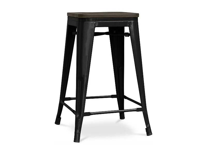 Tabouret industriel acier brillant et assise en bois massif marron Reko 60cm-Couleur Noir