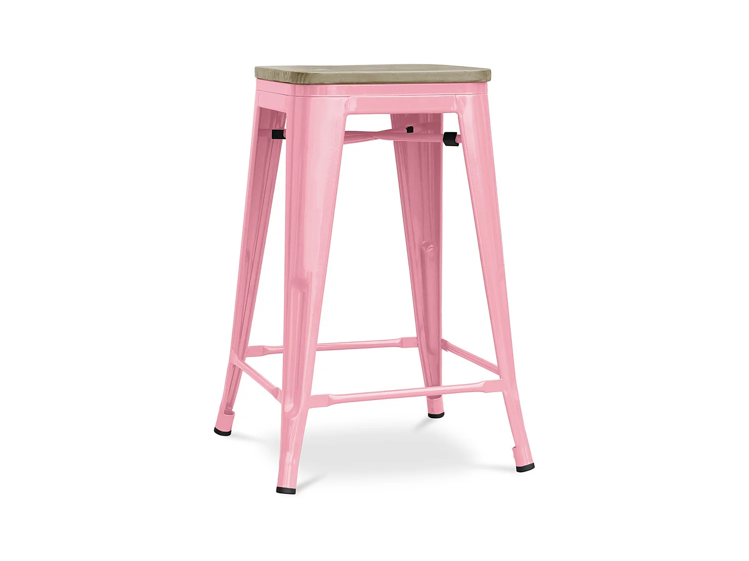 Tabouret industriel acier brillant et assise en bois massif naturel Reko 60cm-Couleur Rose