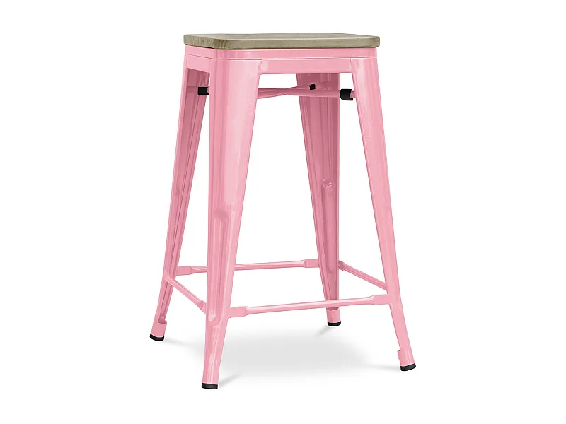 Tabouret industriel acier brillant et assise en bois massif naturel Reko 60cm-Couleur Rose