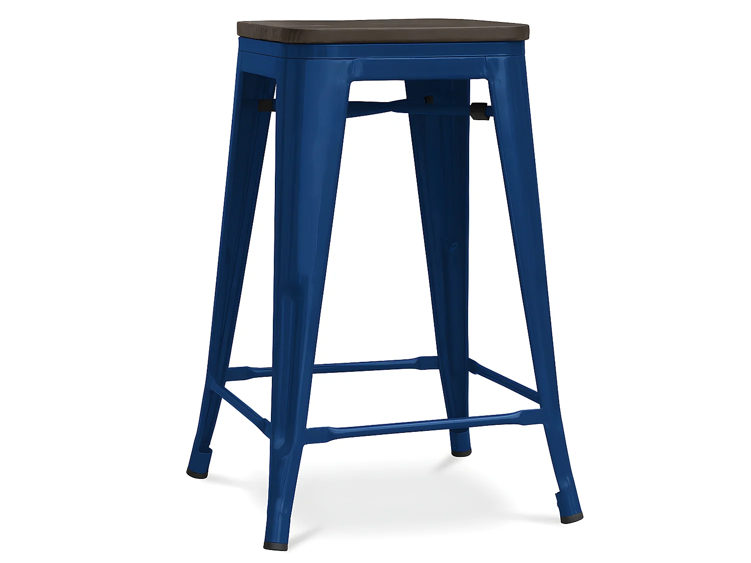 Industriële glanzend stalen kruk en bruine massief houten zitting Reko 60 cm-Kleur Donkerblauw