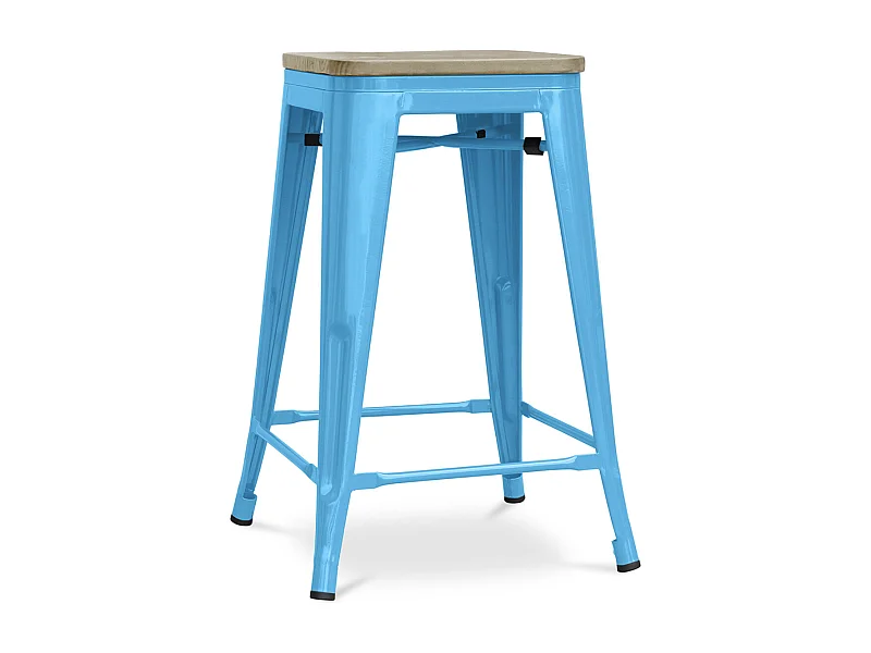 Tabouret industriel acier brillant et assise en bois massif naturel Reko 60cm-Couleur Bleu turquoise