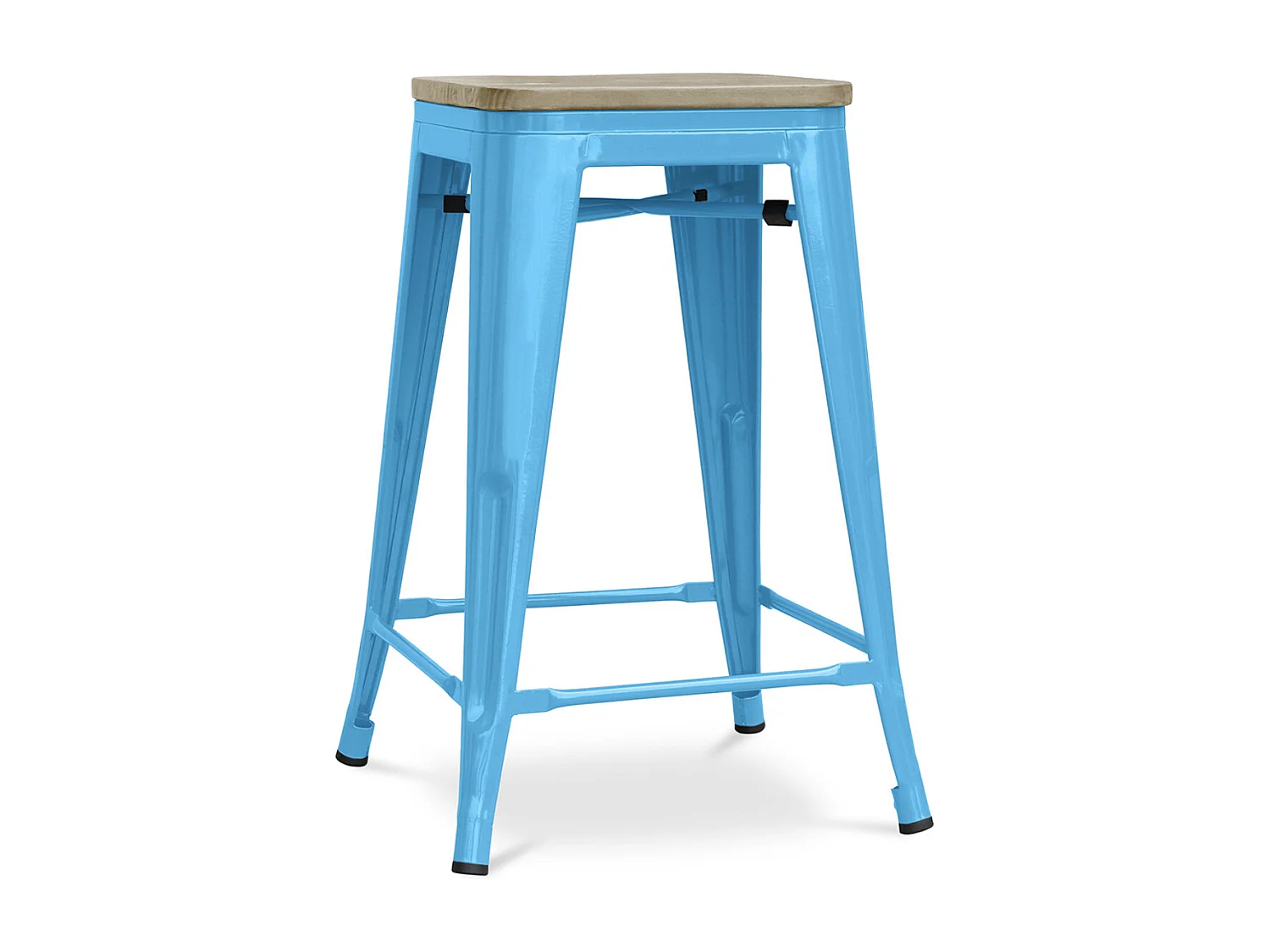 Tabouret industriel acier brillant et assise en bois massif naturel Reko 60cm-Couleur Bleu turquoise