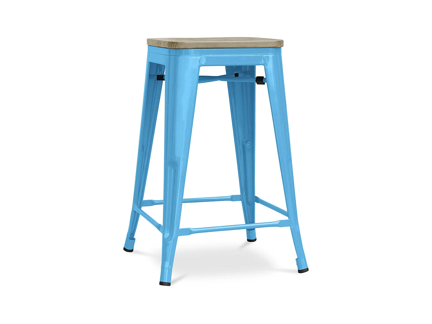 Tabouret industriel acier brillant et assise en bois massif naturel Reko 60cm-Couleur Bleu turquoise
