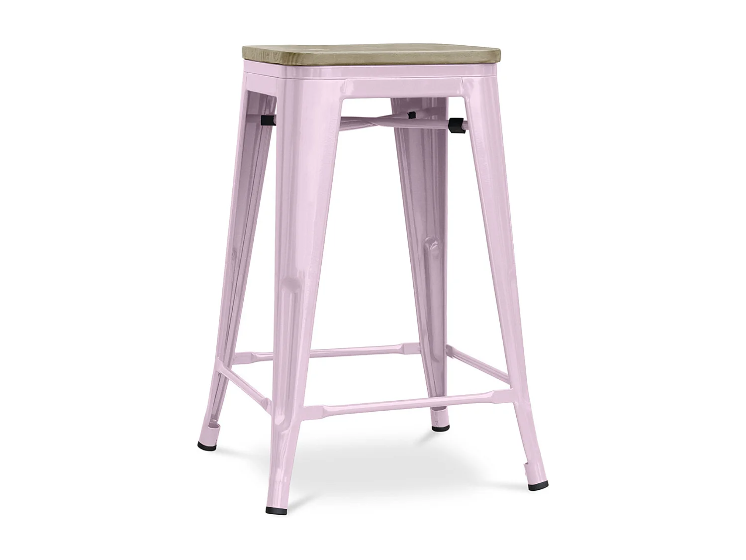 Tabouret industriel acier brillant et assise en bois massif naturel Reko 60cm-Couleur Rose clair