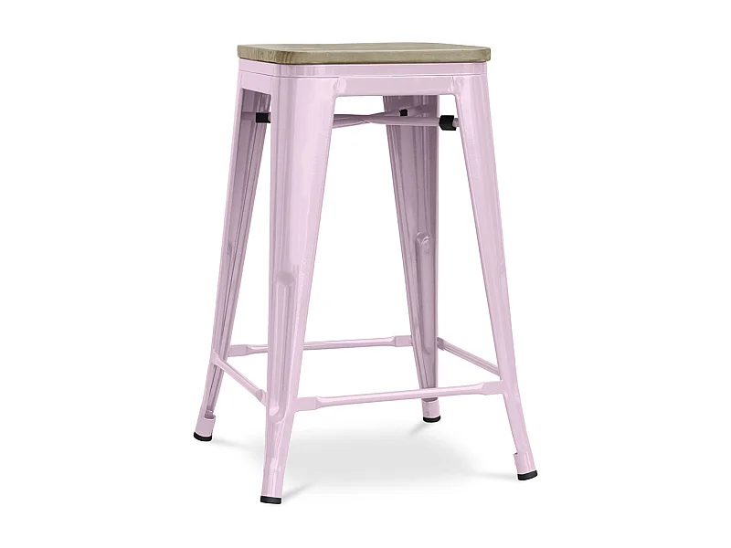 Tabouret industriel acier brillant et assise en bois massif naturel Reko 60cm-Couleur Rose clair