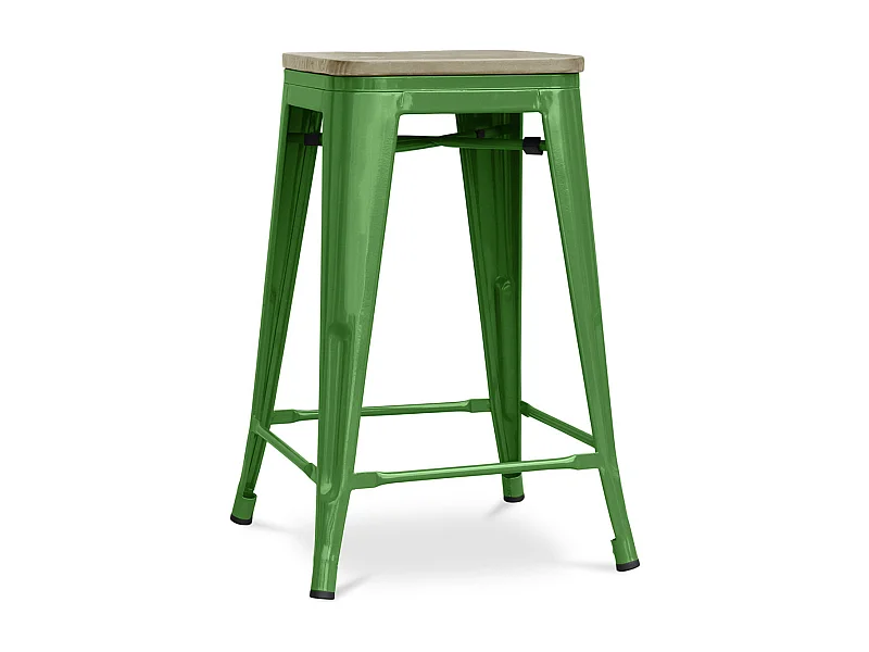 Tabouret industriel acier brillant et assise en bois massif naturel Reko 60cm-Couleur Vert