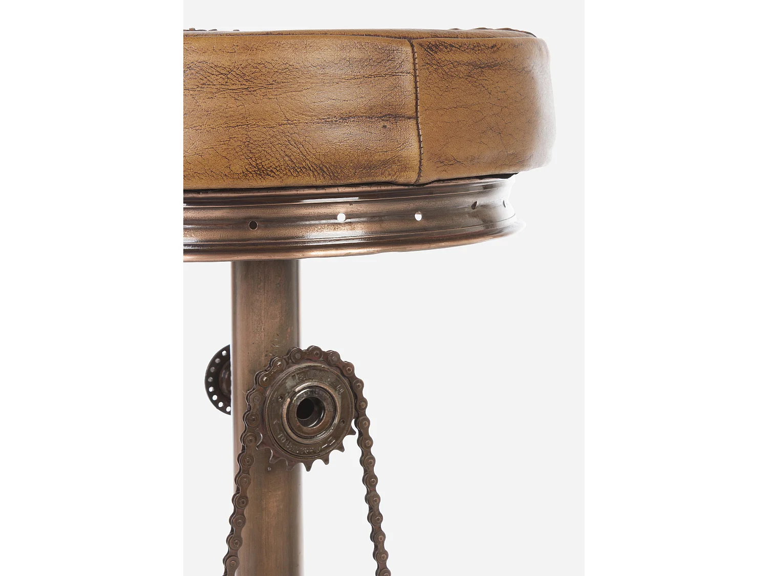 Tabouret de bar industriel bicyclette acier cuivre et cuir marron clair Alane