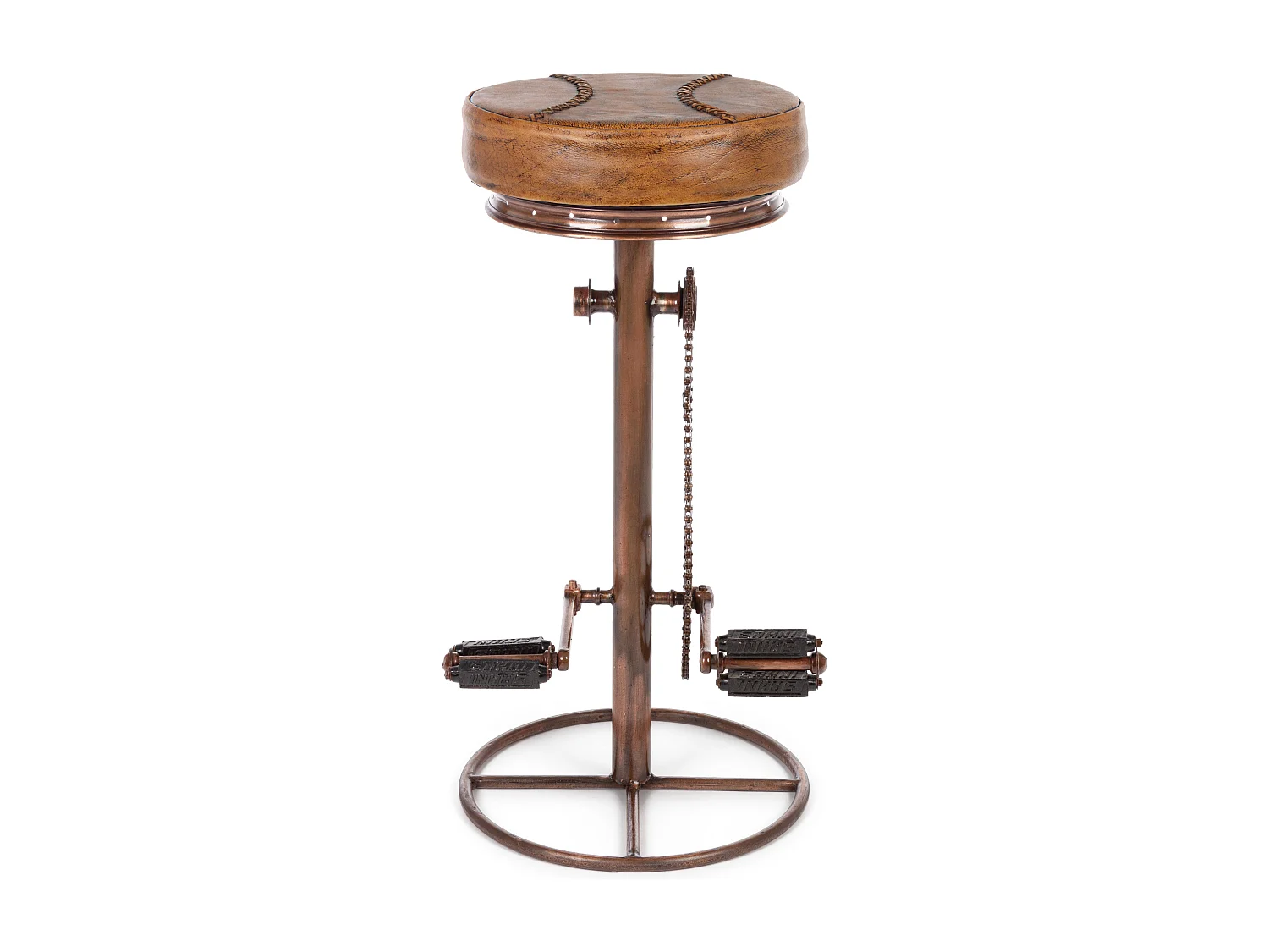 Tabouret de bar industriel bicyclette acier cuivre et cuir marron clair Alane