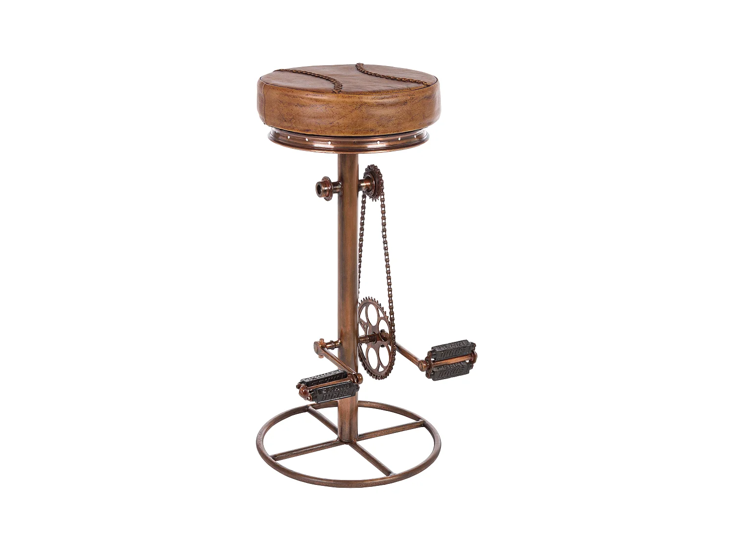 Tabouret de bar industriel bicyclette acier cuivre et cuir marron clair Alane