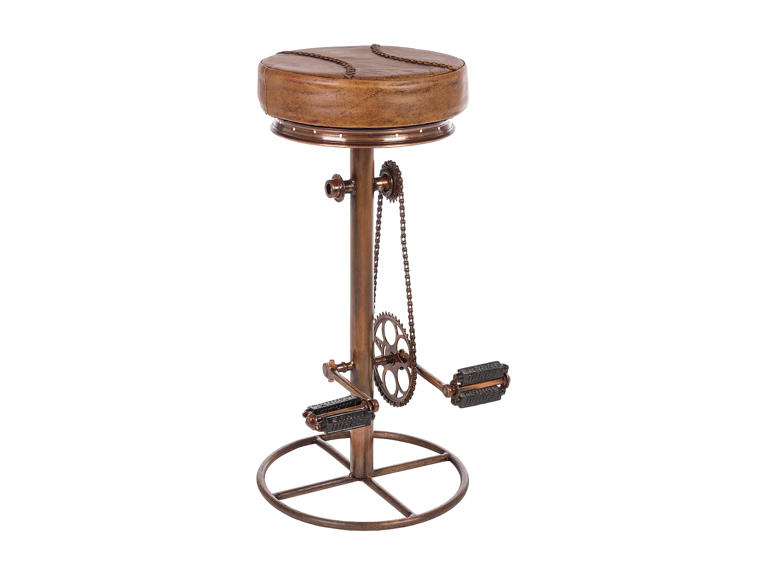 Tabouret de bar industriel bicyclette acier cuivre et cuir marron clair Alane