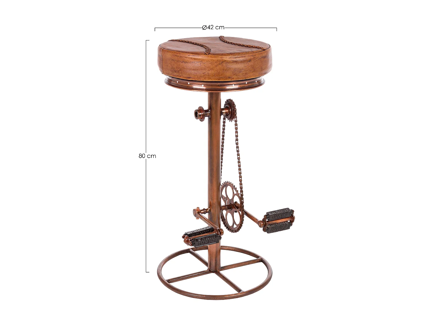 Tabouret de bar industriel bicyclette acier cuivre et cuir marron clair Alane