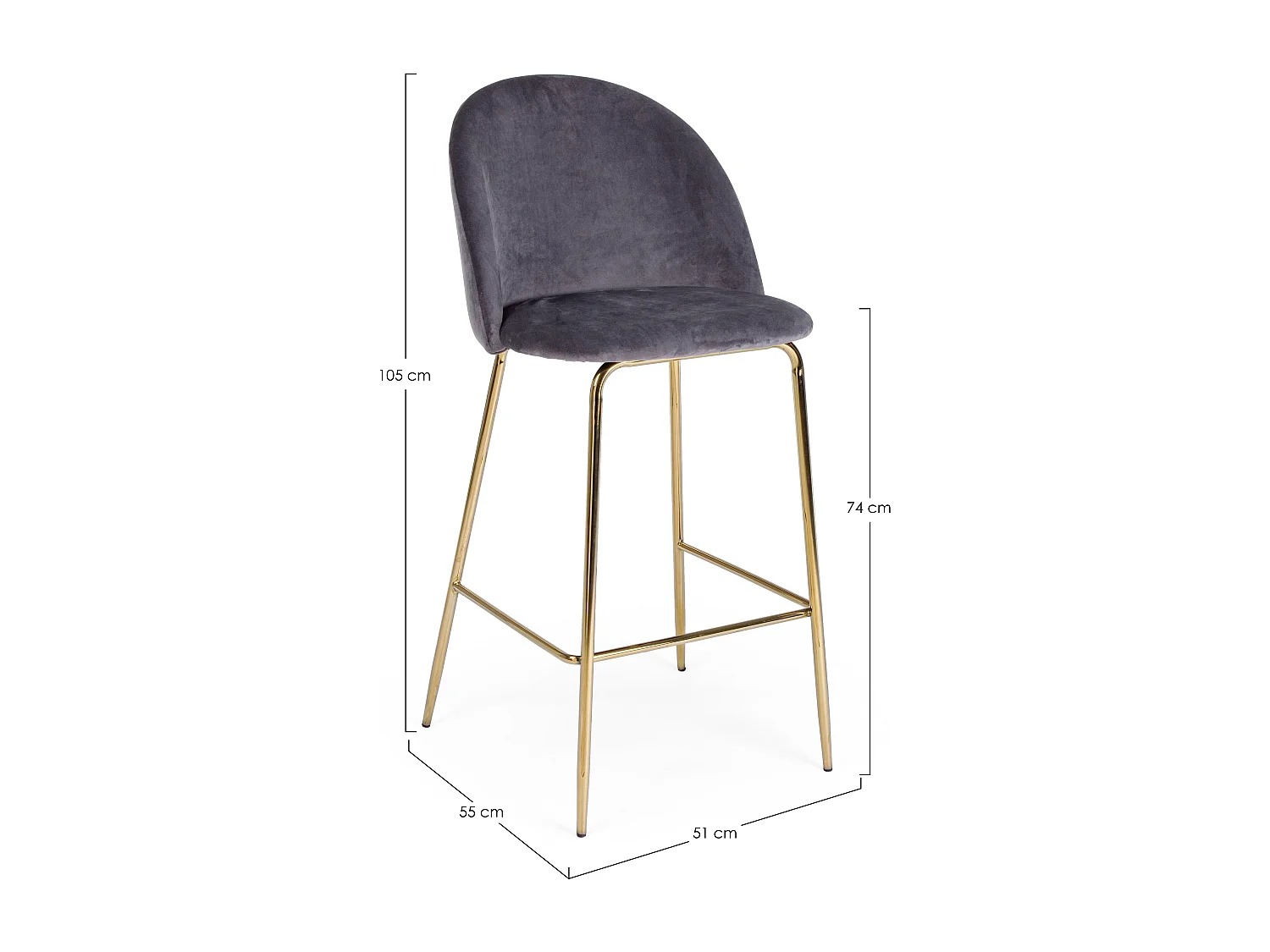 Tabouret de bar en velours gris et pieds acier Cam - Lot de 2
