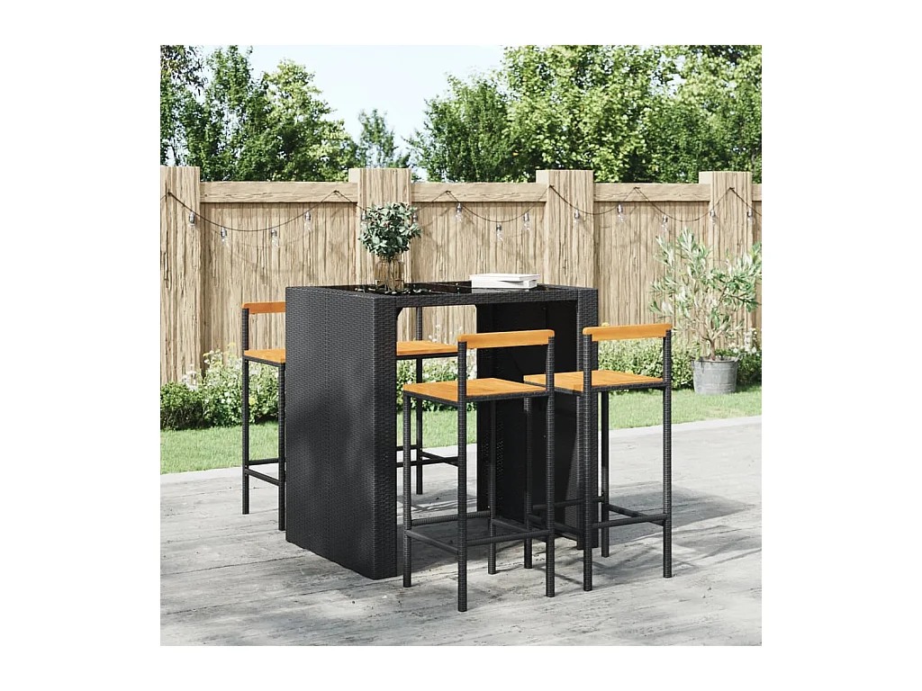 Tabourets de bar 4 pcs noir résine tressée et bois d'acacia
