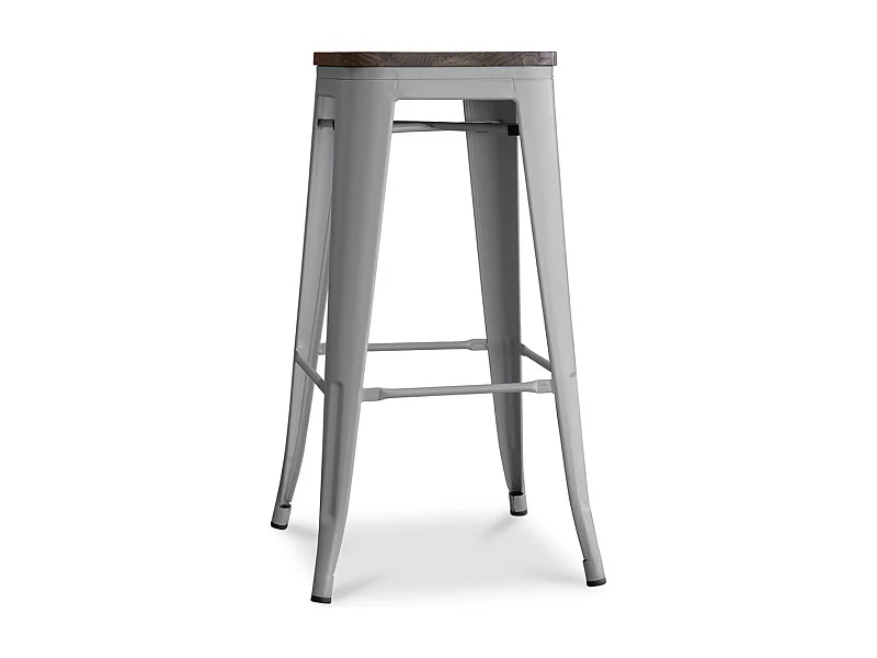 Tabouret haut industriel acier brillant et assise en bois massif marron Reko 76cm-Couleur Gris clair