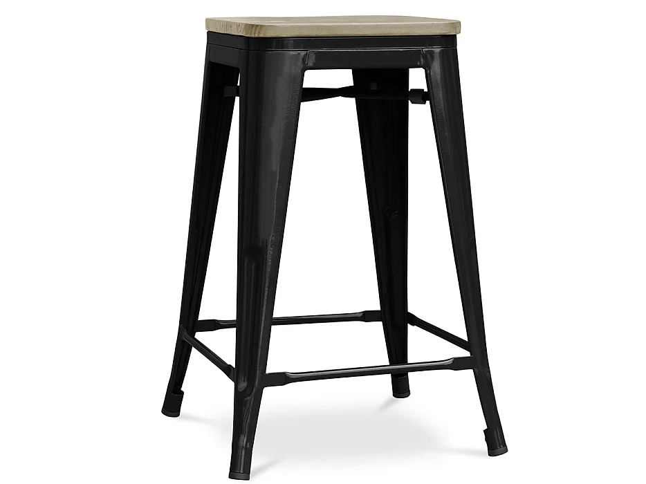 Taburete vintage de acero y asiento de madera maciza natural Reko 60 cm-Acero plateado