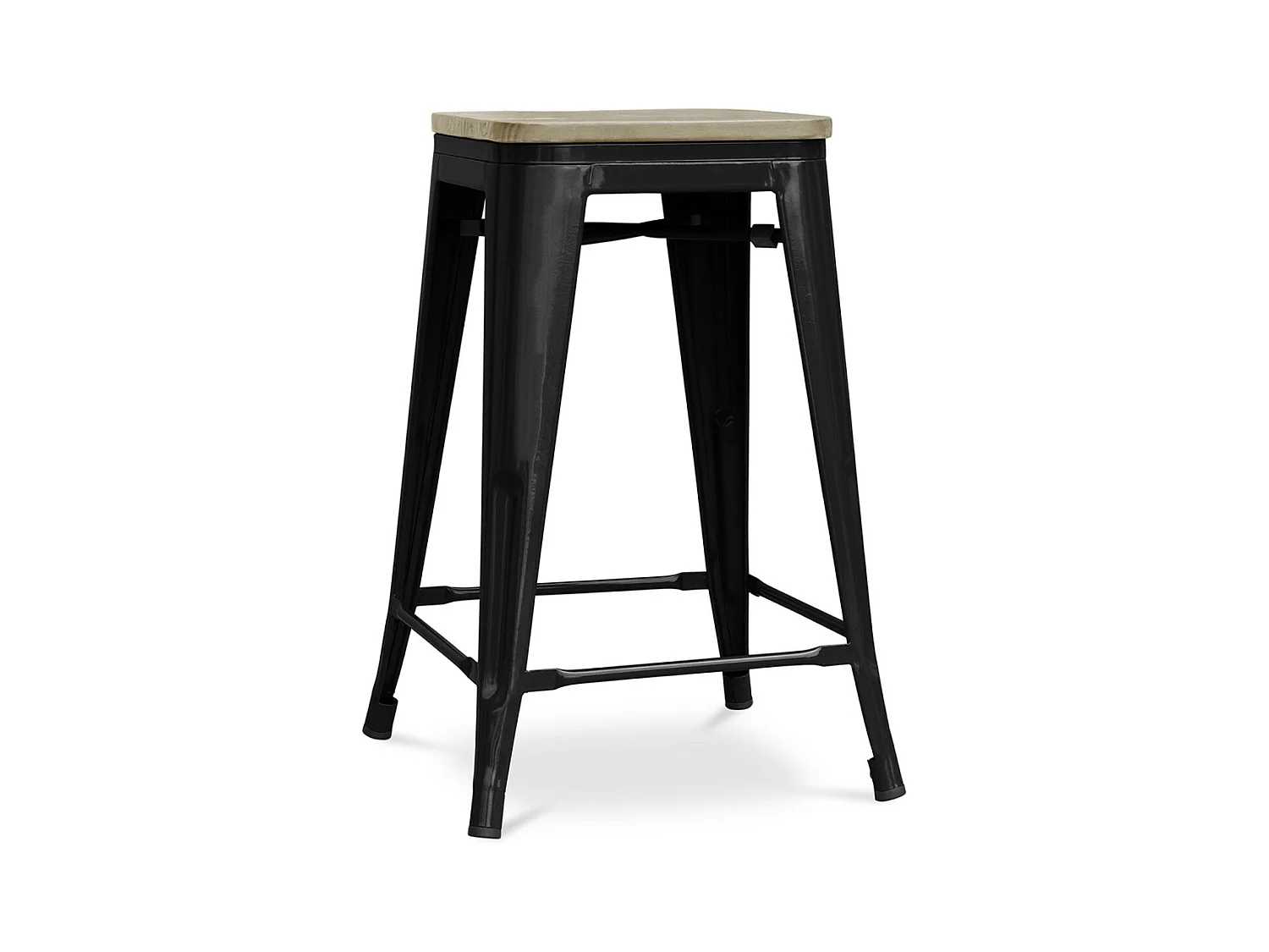 Tabouret industriel acier brillant et assise en bois massif naturel Reko 60cm-Couleur Noir