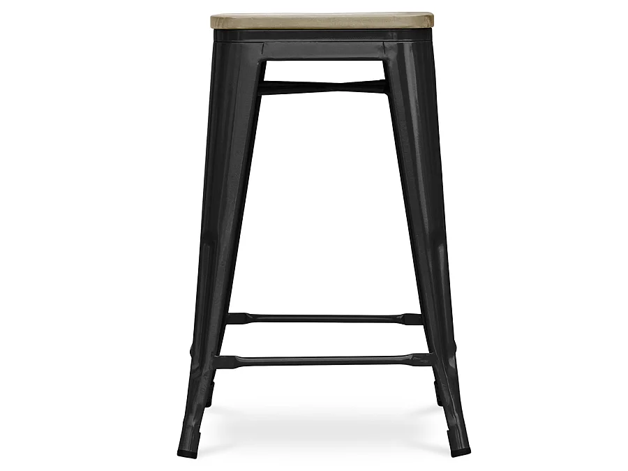 Tabouret industriel acier brillant et assise en bois massif naturel Reko 60cm-Couleur Noir