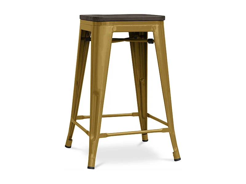 Tabouret industriel acier brillant et assise en bois massif marron Reko 60cm-Couleur Doré