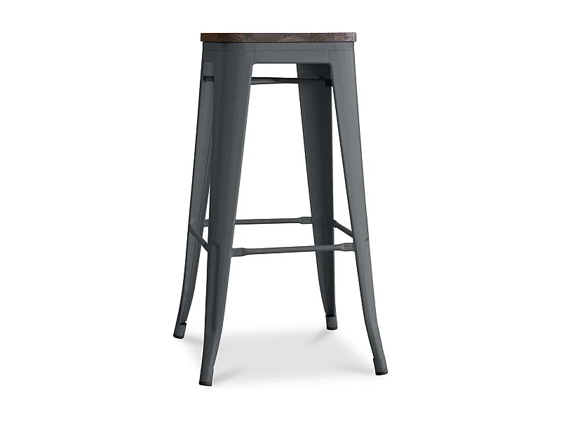 Tabouret haut industriel acier brillant et assise en bois massif marron Reko 76cm-Couleur Gris foncé