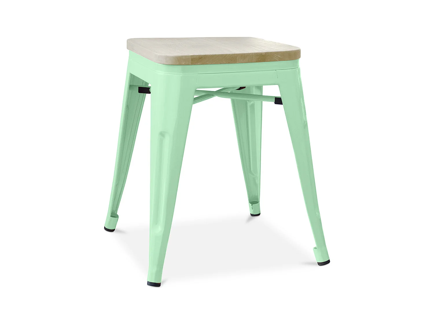 Petit tabouret industriel acier brillant et assise en bois massif naturel Reko 45cm-Couleur Vert pastel