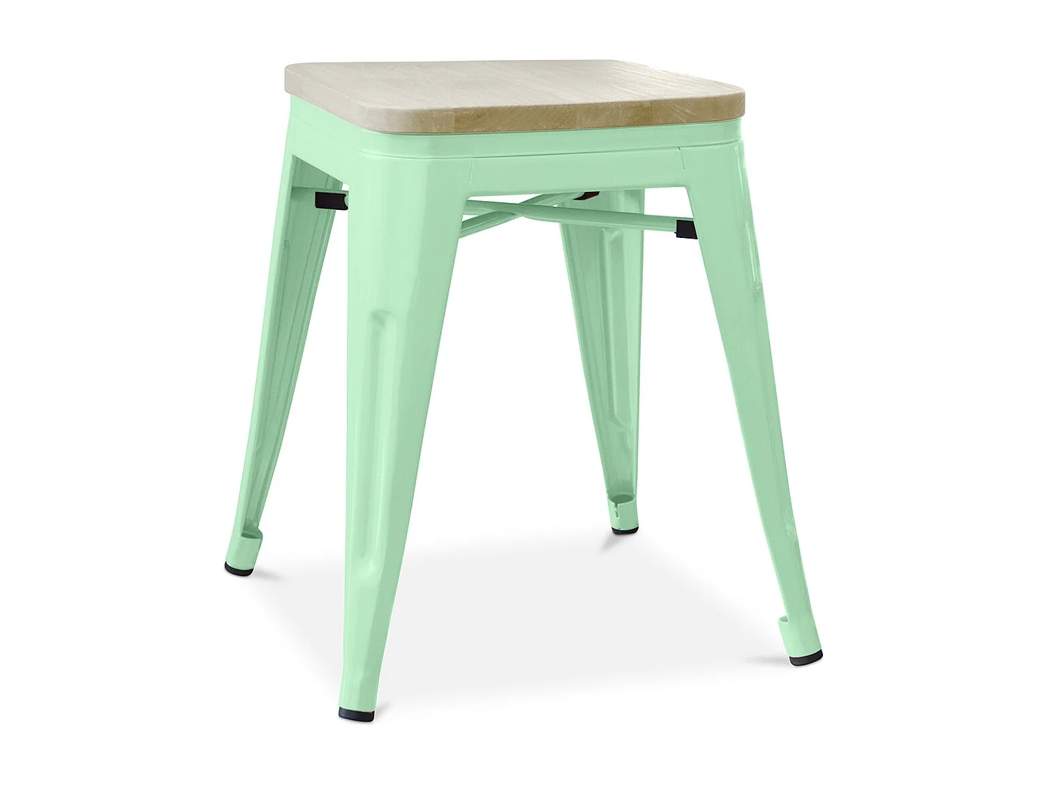 Petit tabouret industriel acier brillant et assise en bois massif naturel Reko 45cm-Couleur Vert pastel