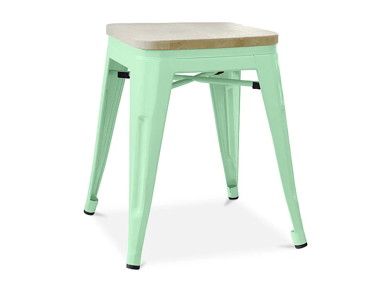 Petit tabouret industriel acier brillant et assise en bois massif naturel Reko 45cm-Couleur Vert pastel
