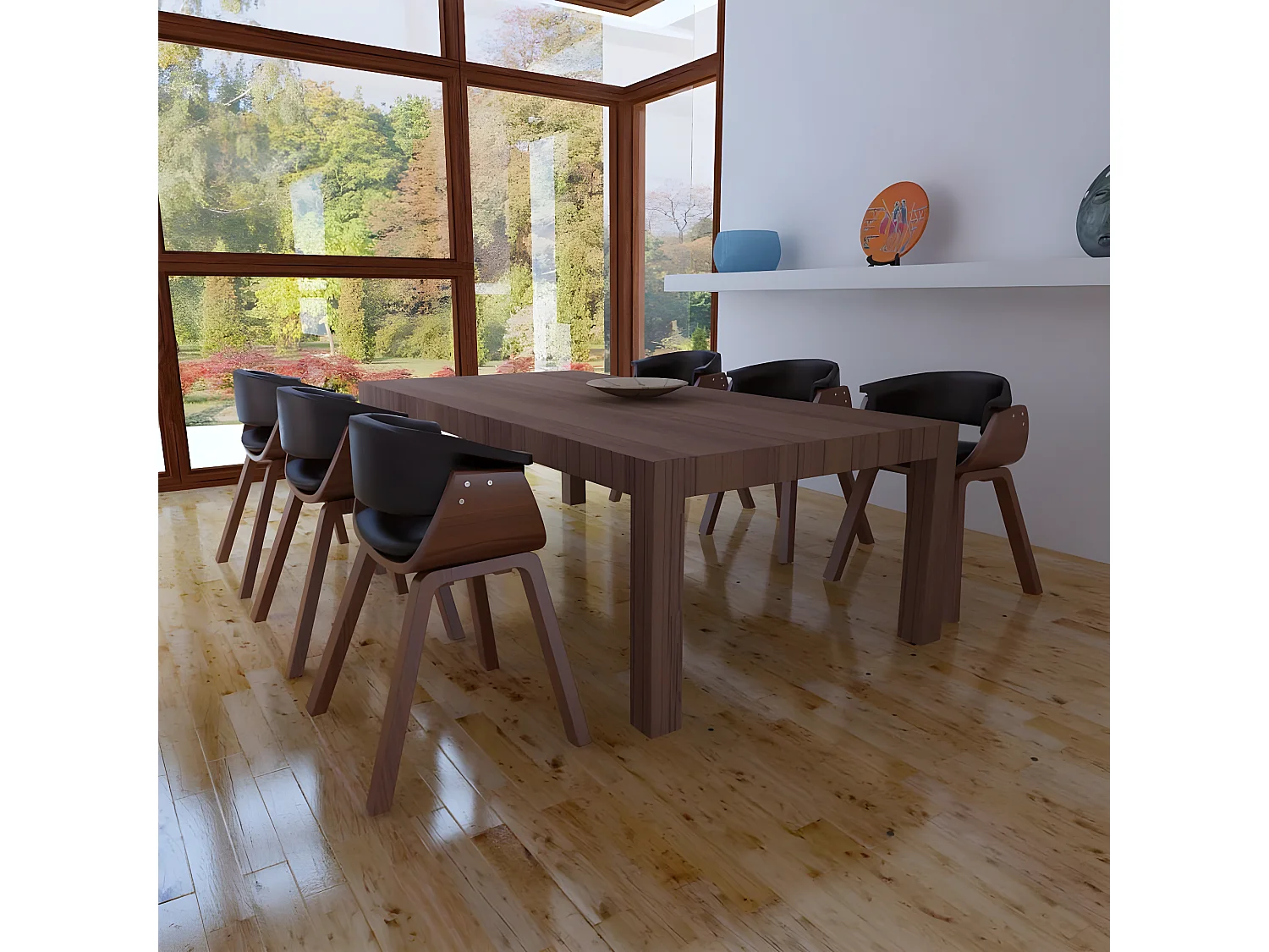 Chaise de salle à manger bois marron courbé et similicuir noir Kobaly - Lot de 6