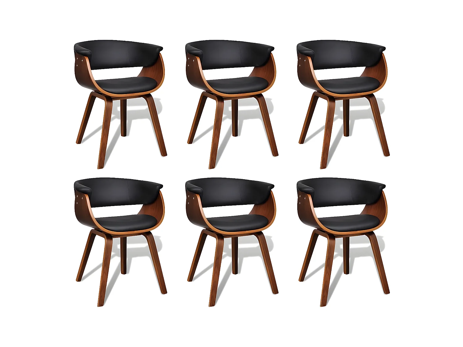 Chaise de salle à manger bois marron courbé et similicuir noir Kobaly - Lot de 6