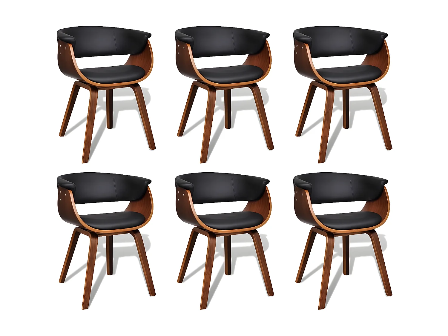 Chaise de salle à manger bois marron courbé et similicuir noir Kobaly - Lot de 6