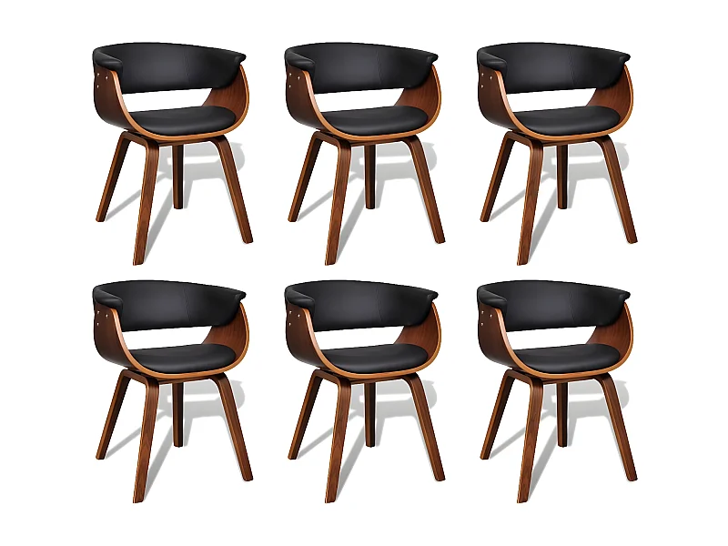 Chaise de salle à manger bois marron courbé et similicuir noir Kobaly - Lot de 6