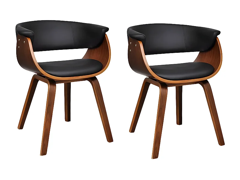 Chaise de salle à manger bois marron courbé et similicuir noir Kobaly- Lot de 2