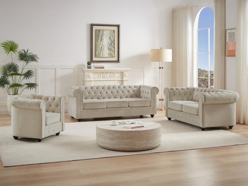 Sofas 3-Sitzer, 2-Sitzer & Sessel - Samt - Beige - CHESTERFIELD günstig online kaufen