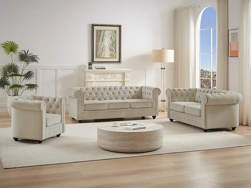 Divano 3 posti, 2 posti e poltrona in Velluto Beige  - CHESTERFIELD
