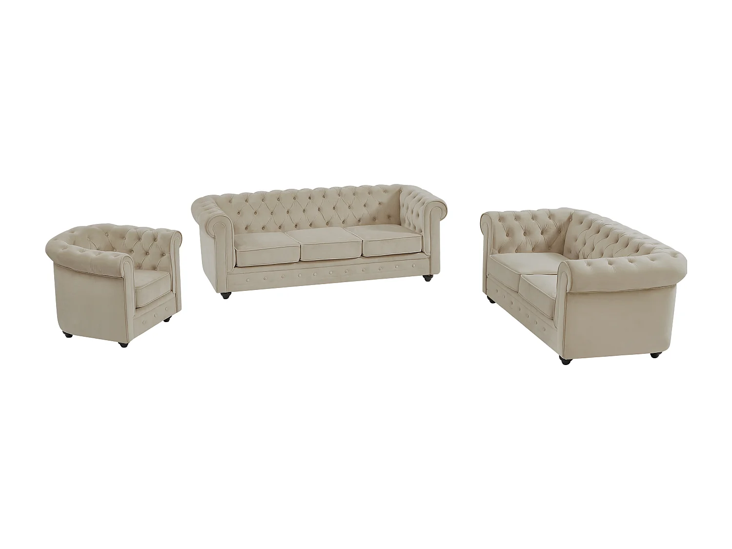 Canapé 3 places, 2 places et fauteuil en velours beige CHESTERFIELD
