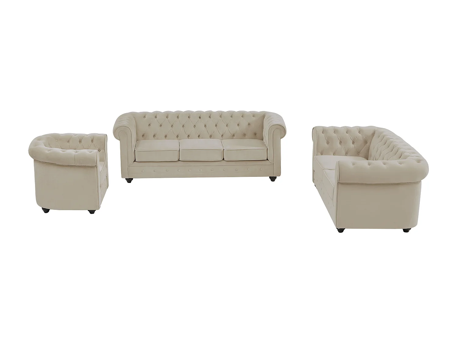 Canapé 3 places, 2 places et fauteuil en velours beige CHESTERFIELD
